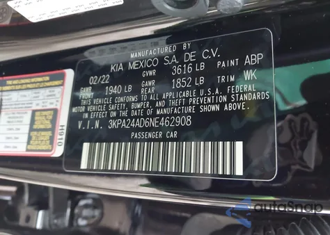 2022 Kia Rio Lx из США, поврежденный, VIN 3KPA24AD6NE462908